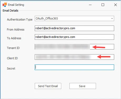 Email settings with the authentication type set to Oauth_365 and the client and tenant IDs filled in