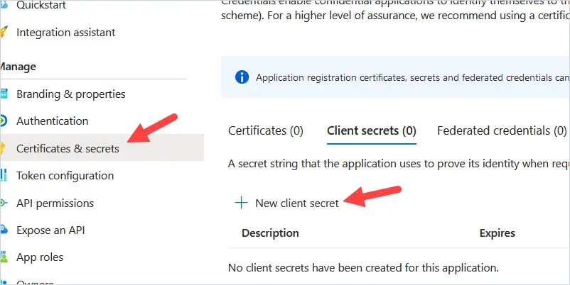Certificates and secrets page of the app registration with the New client secret button