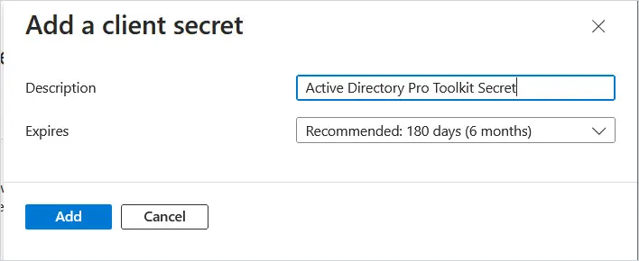 Add a client secret panel with a description entered and an expiration period selected