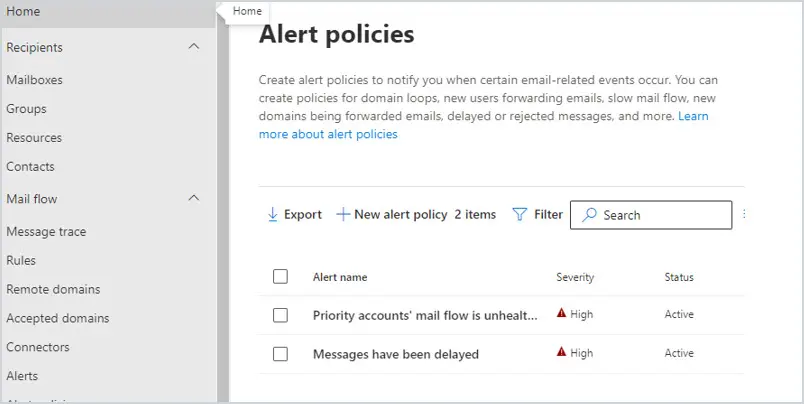 create mail flow alert policies