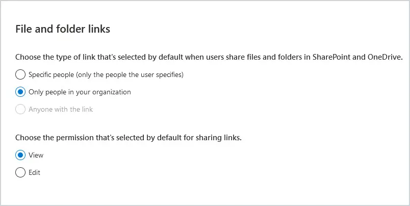 sharepoint file and folder link settings