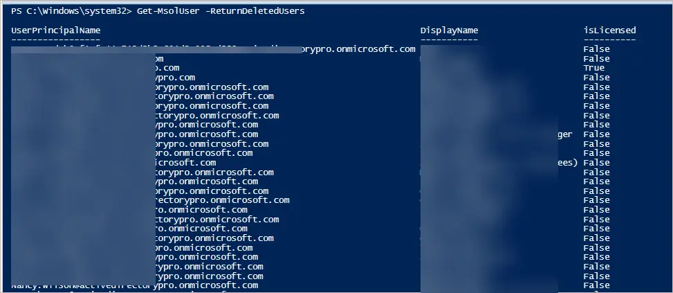 Get-MsolUser output listing the accounts still in the recycle bin