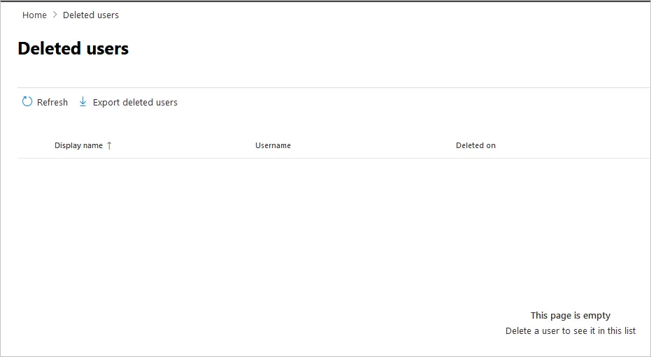 Office 365 admin center showing an empty deleted users list