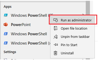 PowerShell right clicked in the start menu with Run as administrator selected