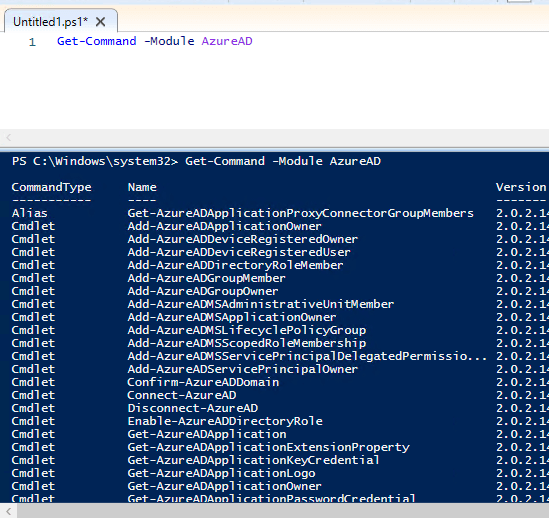 Get-Command output listing the cmdlets available in the AzureAD module