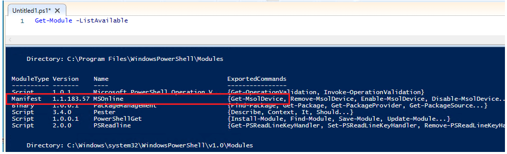 Get-Module ListAvailable output with the MSOnline module listed