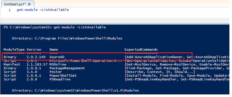 Get-Module ListAvailable output with the AzureAD module listed