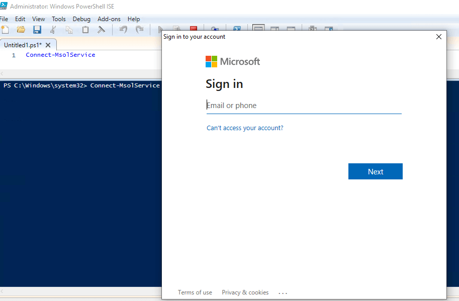 Microsoft sign in prompt raised by Connect-MsolService