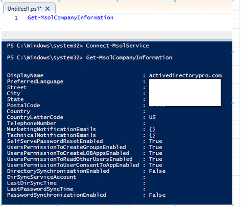 Get-MsolCompanyInformation output confirming the session is connected