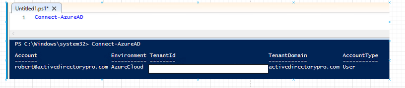Connect-AzureAD returning the tenant account and environment details