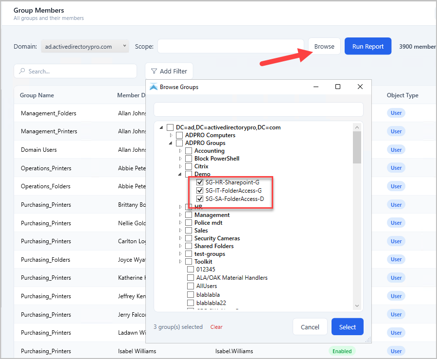 browse and select an groups or an OU