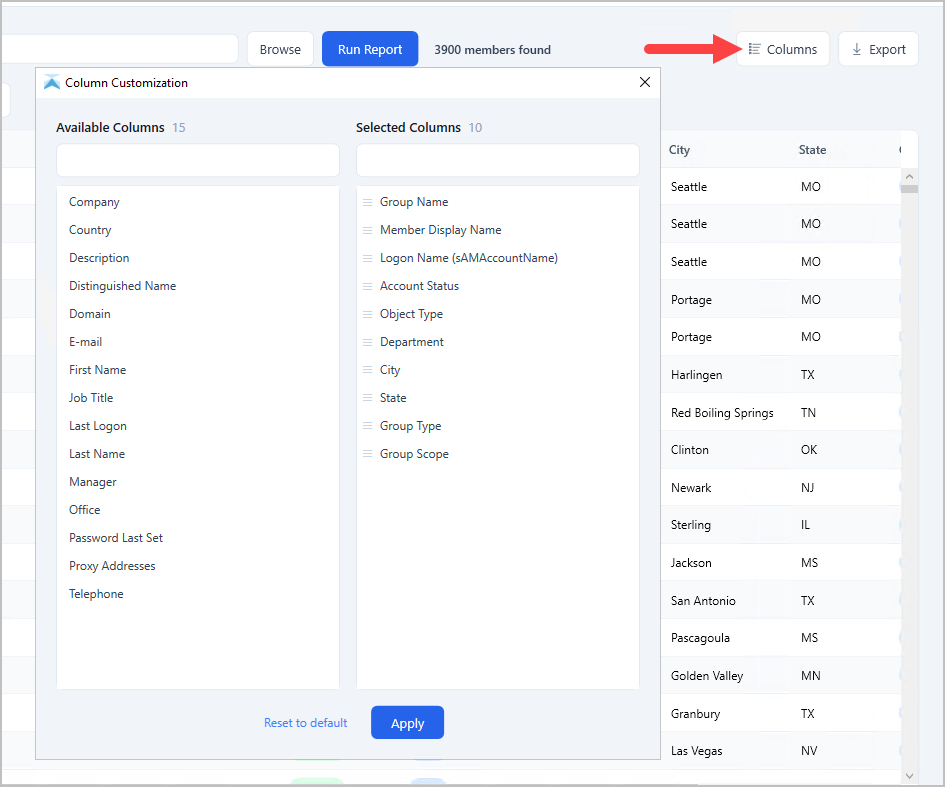 click columns to add user attributes to group report