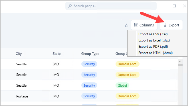 export group report to csv, excel or pdf