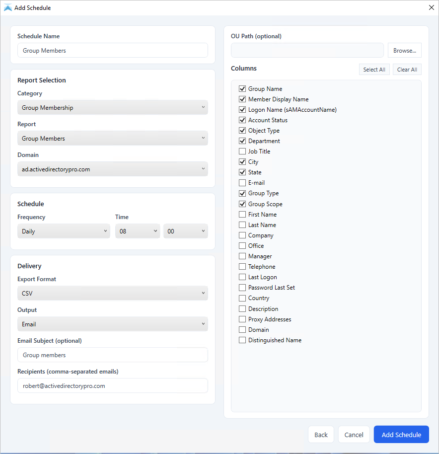 schedule group member report to csv