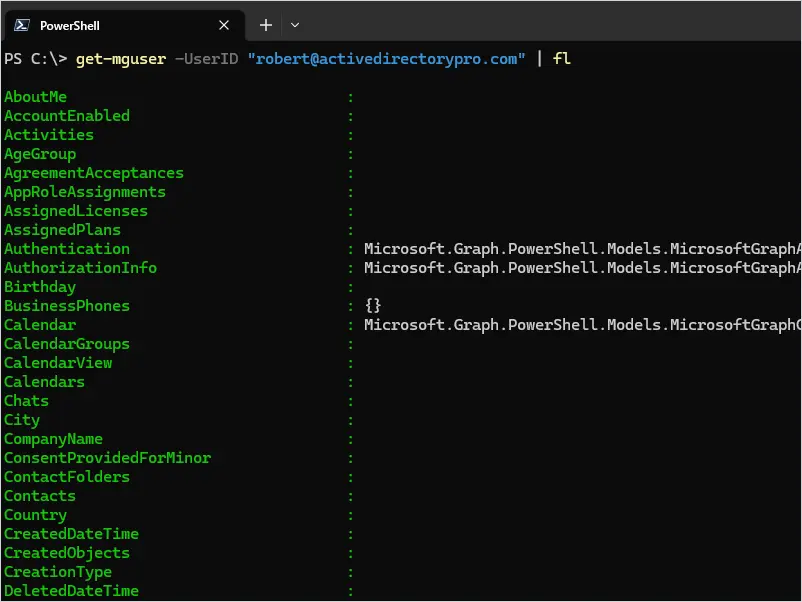 display all azure user properties