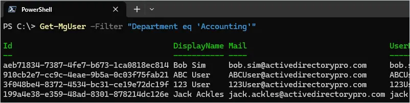 search for azure users by department