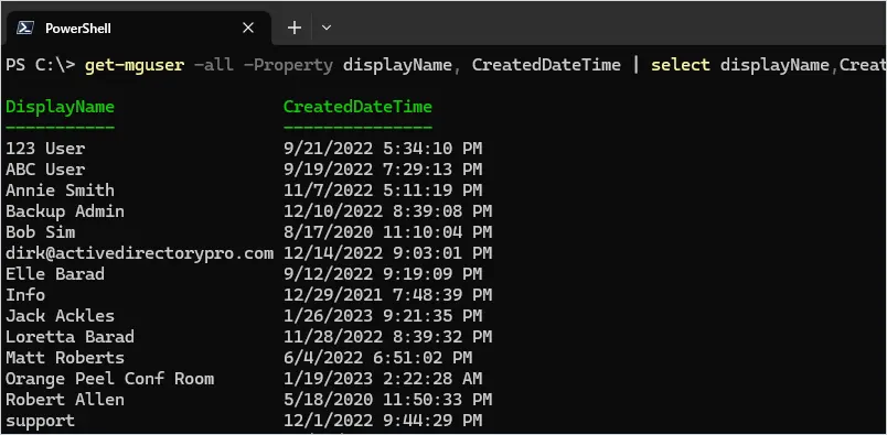 get all users created date time powershell