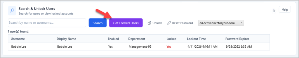 Password reset tool listing every locked account from one scan