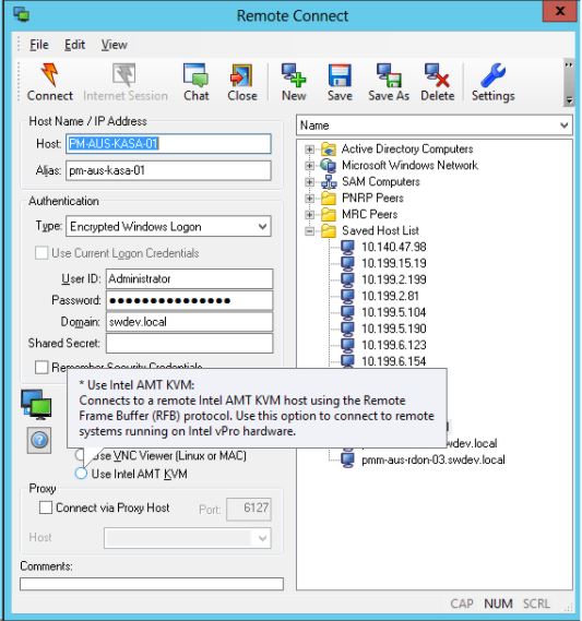 DameWare Mini Remote Control connected to a remote desktop session