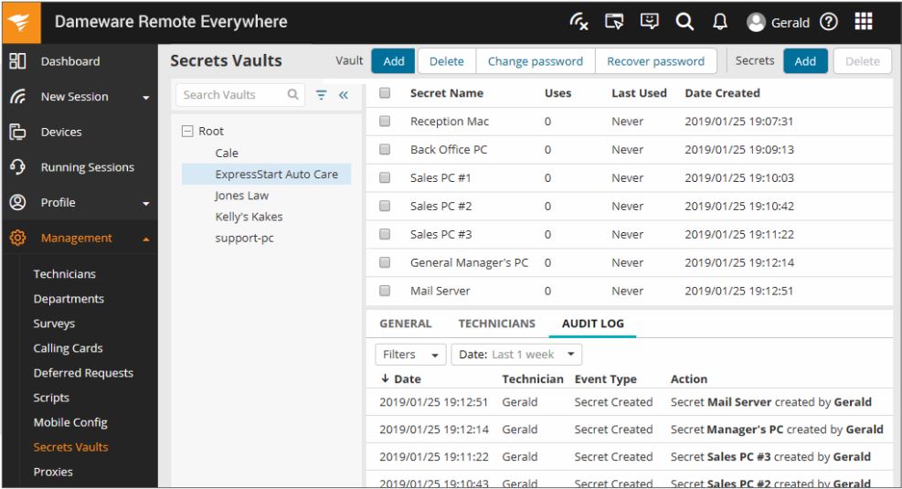 Dameware Remote Everywhere web console for managing remote sessions