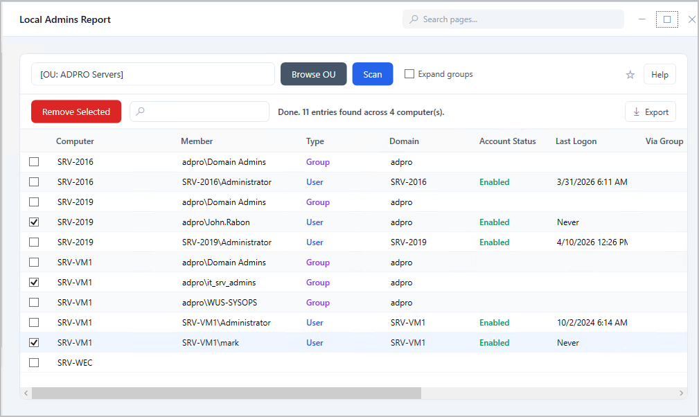 Local Admin Report with accounts selected and the Remove Selected button