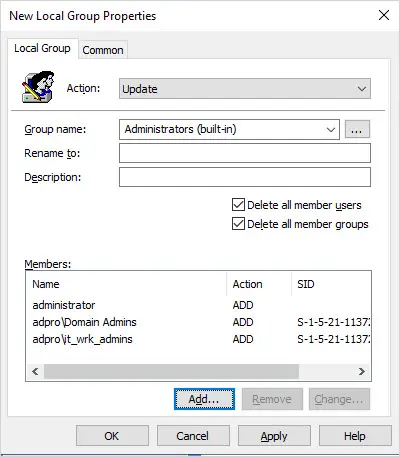 local administrator group settings