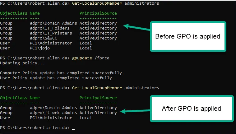 local administrator group before and after settings