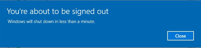 Shutdown warning shown on the remote Windows 10 computer