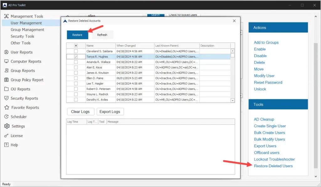 user restore with ad pro toolkit