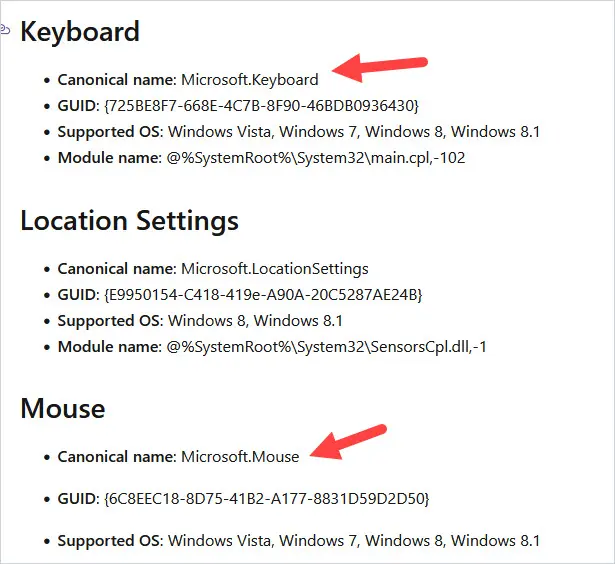 Microsoft reference table of canonical names for control panel items