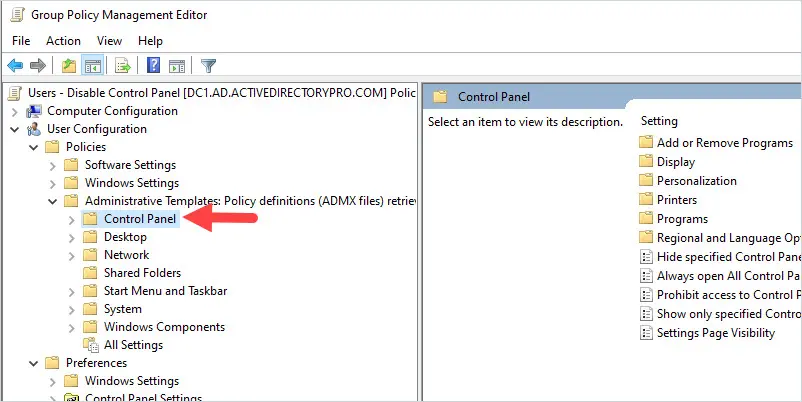 Group Policy editor browsed to User Configuration, Administrative Templates, Control Panel