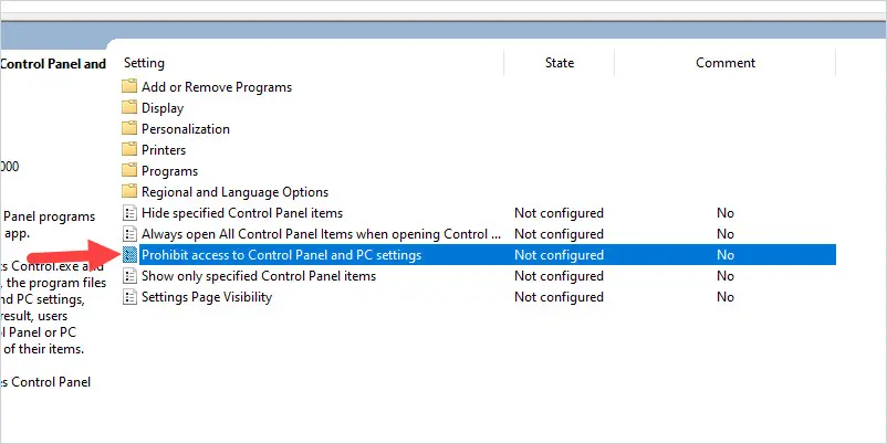 Control Panel policy list with Prohibit access to Control Panel and PC settings selected