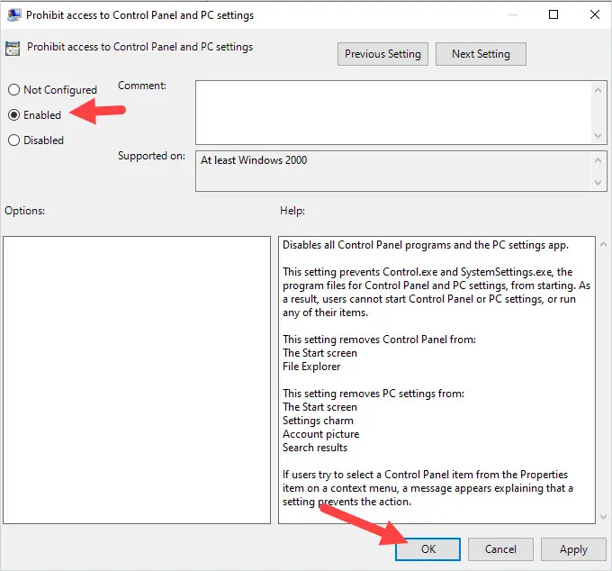 Prohibit access to Control Panel policy set to Enabled