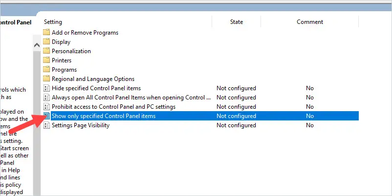 Control Panel policy list with Show only specified Control Panel items selected