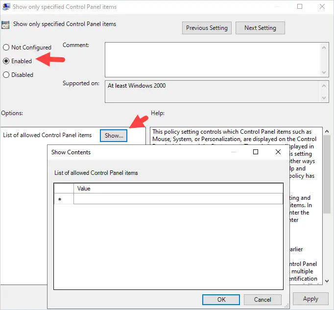 Policy set to Enabled with the Show button for the allowed items list