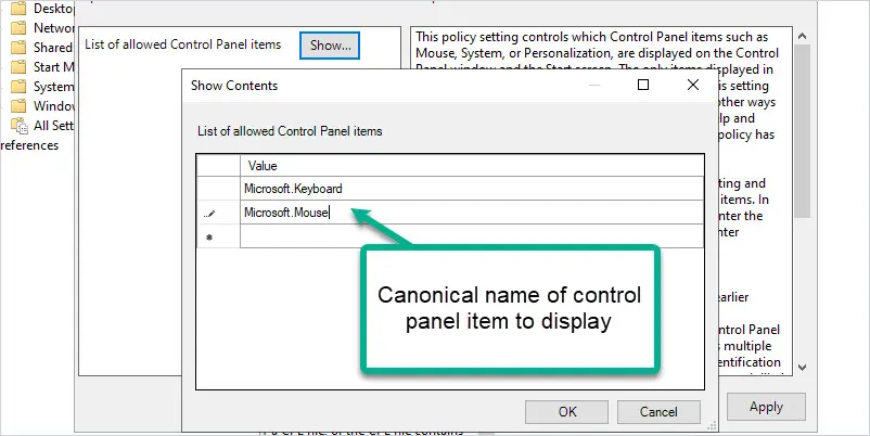 Show contents box with the keyboard and mouse canonical names entered