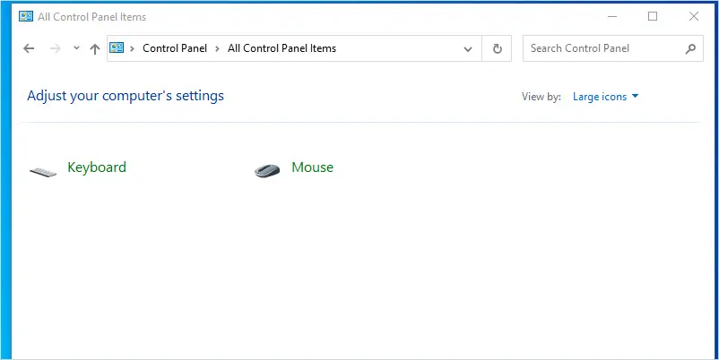 Control panel showing only the keyboard and mouse items for the restricted user