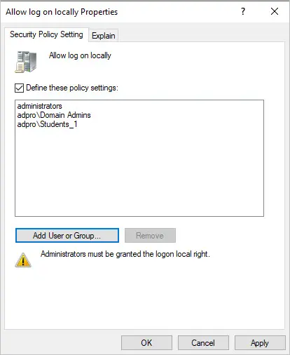 add users to allow log on locally policy