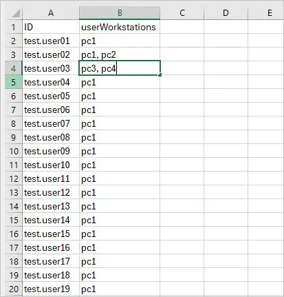 CSV template listing users with their permitted computers separated by commas
