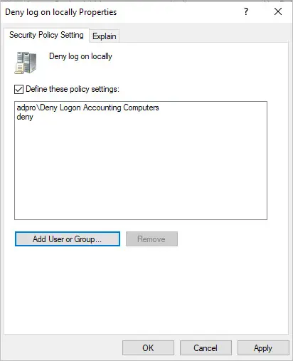deny logon on locally gpo policy