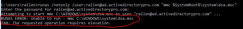 runas error returned when User Account Control blocks the command