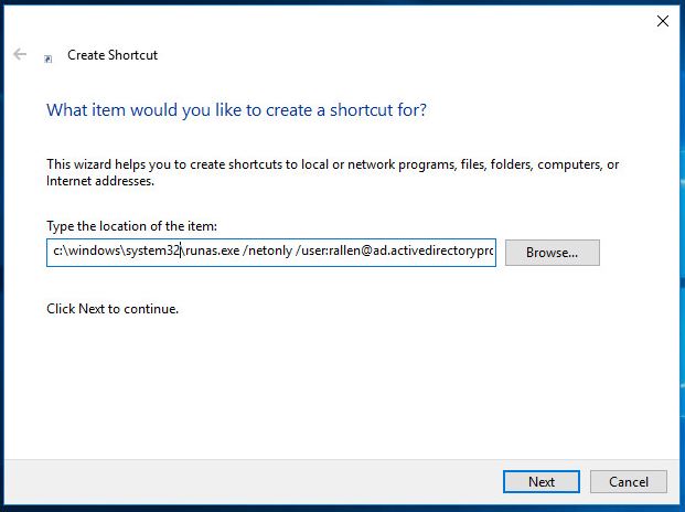 Create shortcut wizard with the full runas command entered as the location