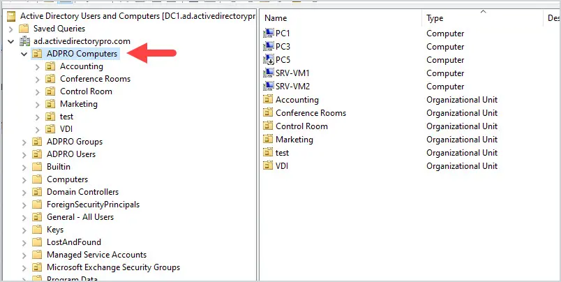 Group Policy Management console showing the OU that holds the target computers