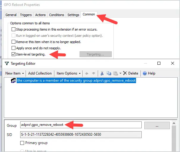Item-level targeting editor with a security group added as the targeting item