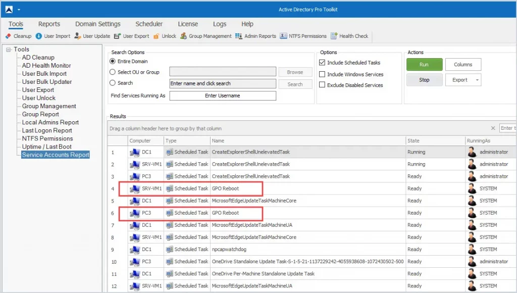 AD Pro Toolkit scheduled tasks report ready to run against all computers