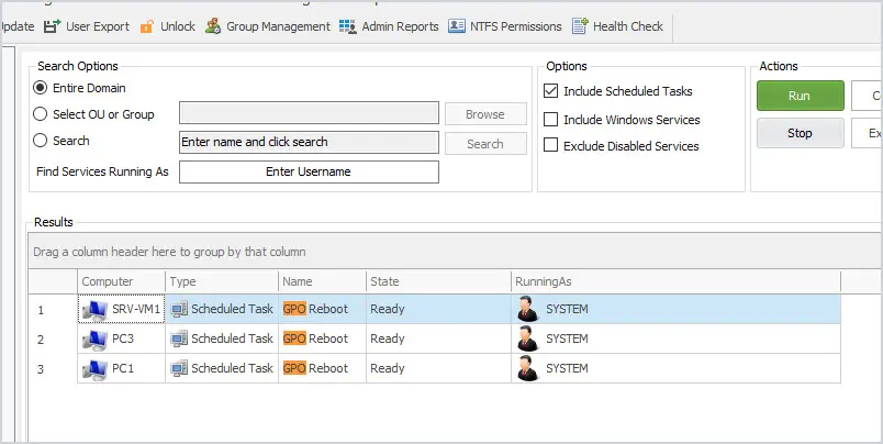 Scheduled tasks report filtered to GPO, showing three computers with the reboot task
