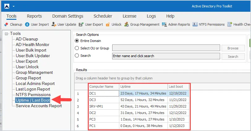 Uptime tool listing the uptime and last boot date for each computer