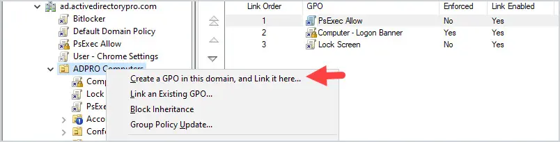 Creating a new GPO linked to the computers OU and naming it GPO Reboot