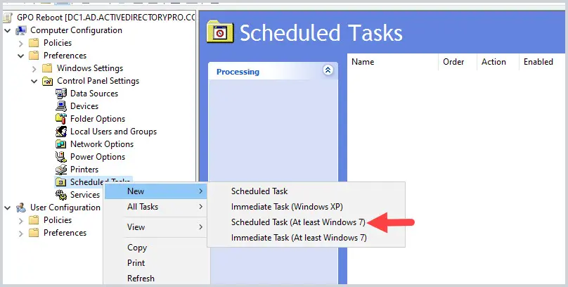 Scheduled Tasks preference right clicked with Scheduled Task At least Windows 7 selected