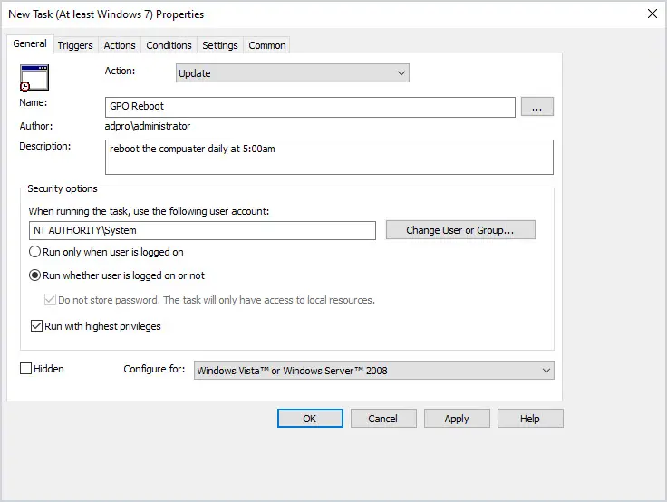 General tab of the task set to run as SYSTEM with highest privileges whether a user is logged on or not